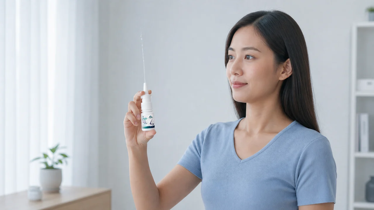 ผู้หญิงกดทดสอบ PVP Nose Spray ด้านนอกก่อนใช้งาน