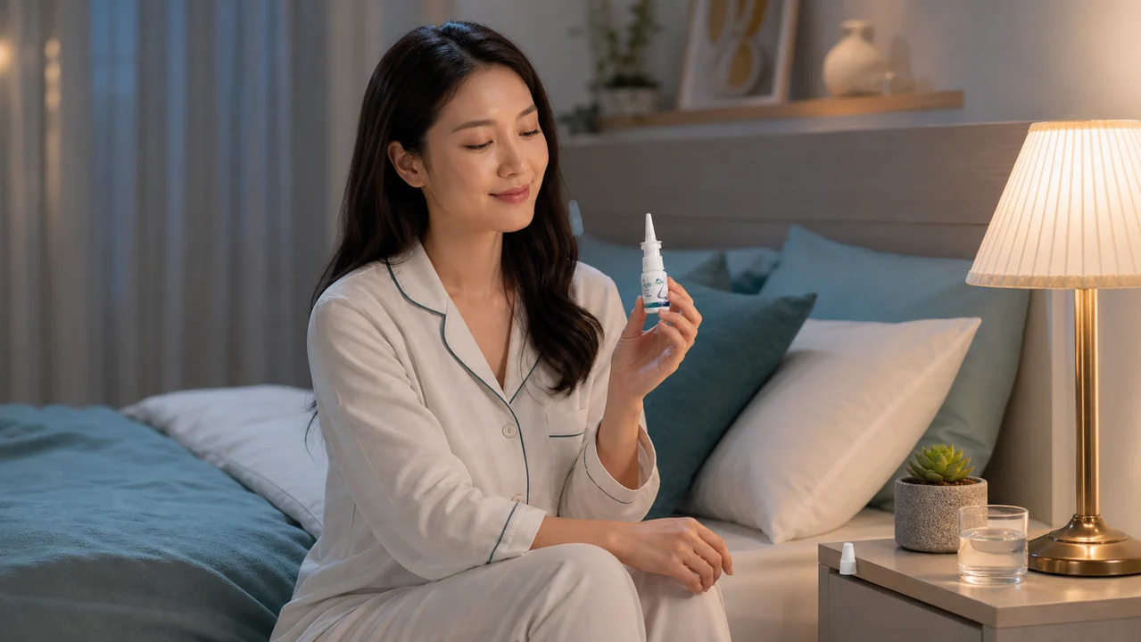 ผู้หญิงถือ PVP Nose Spray ระหว่างกิจวัตรก่อนนอน