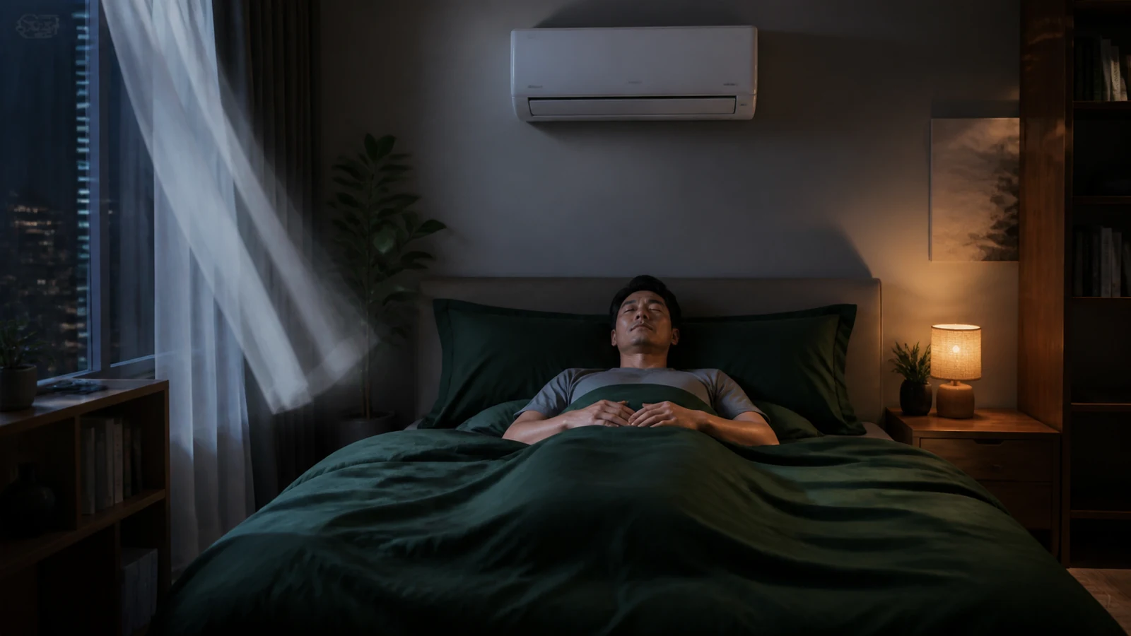 ผู้ชายไทยนอนหลับในห้องที่เปิดเครื่องปรับอากาศ