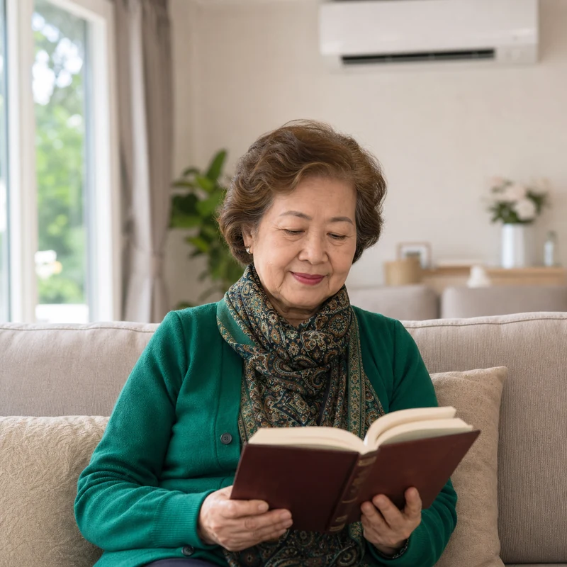 ผู้สูงอายุหญิงไทยกำลังอ่านหนังสือในห้องที่เปิดเครื่องปรับอากาศ