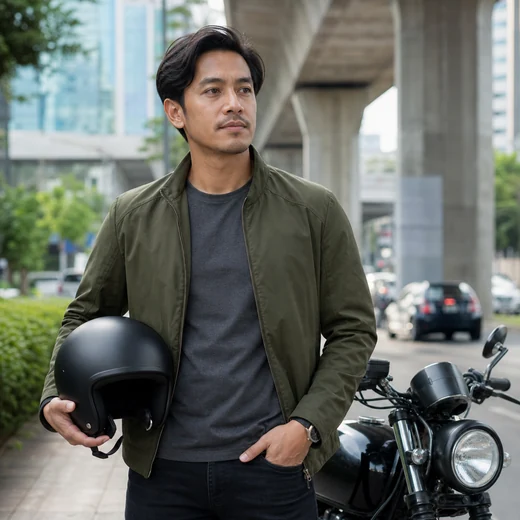 ผู้ชายคนเมืองถือหมวกกันน็อกข้างรถมอเตอร์ไซค์