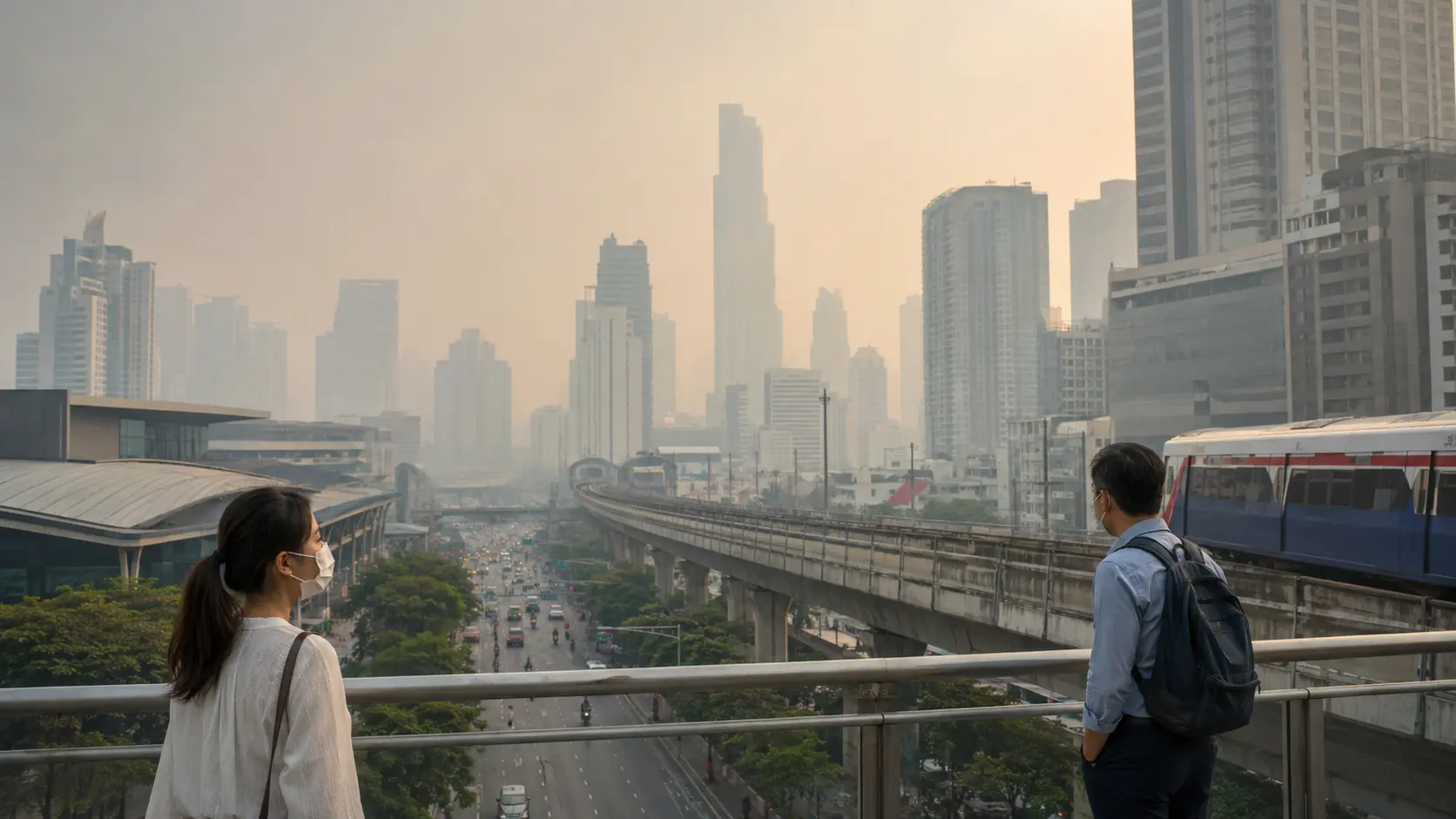 กรุงเทพฯ ปกคลุมด้วยฝุ่น PM2.5 เห็นแนวรถไฟฟ้า ถนน และอาคารกลางเมืองผ่านอากาศขมุกขมัว