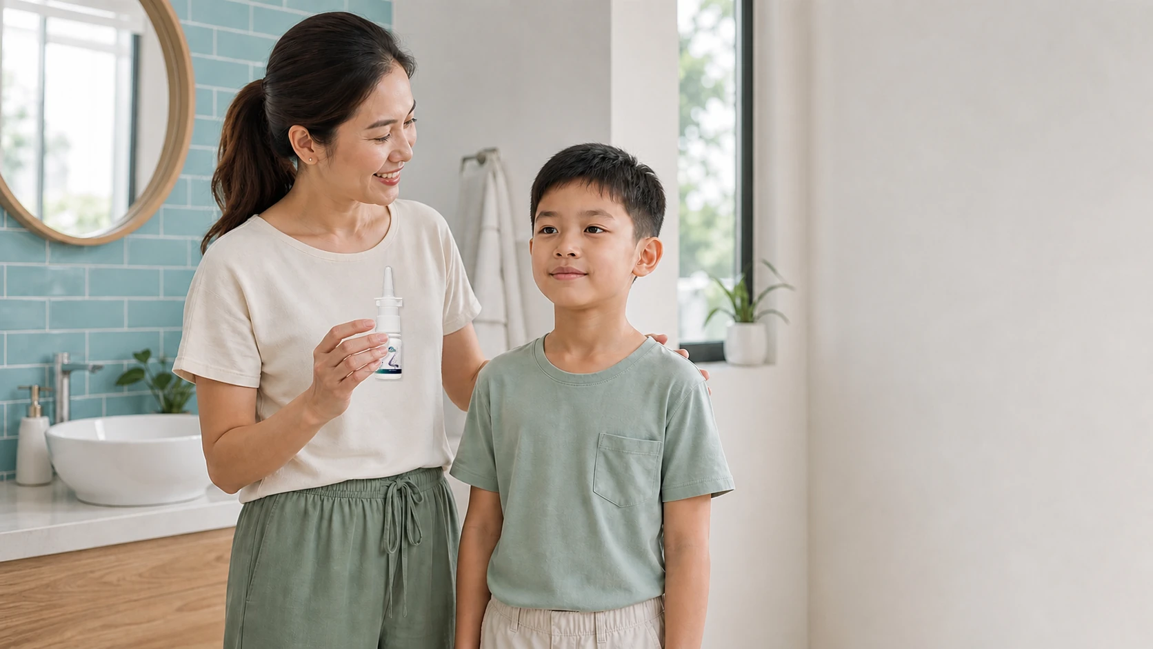 คุณแม่ยืนกับเด็กในห้องน้ำและจับขวด PVP Nose Spray สินค้าจริงอย่างเป็นธรรมชาติ เตรียมสอนวิธีใช้ในท่ายืนตัวตรง