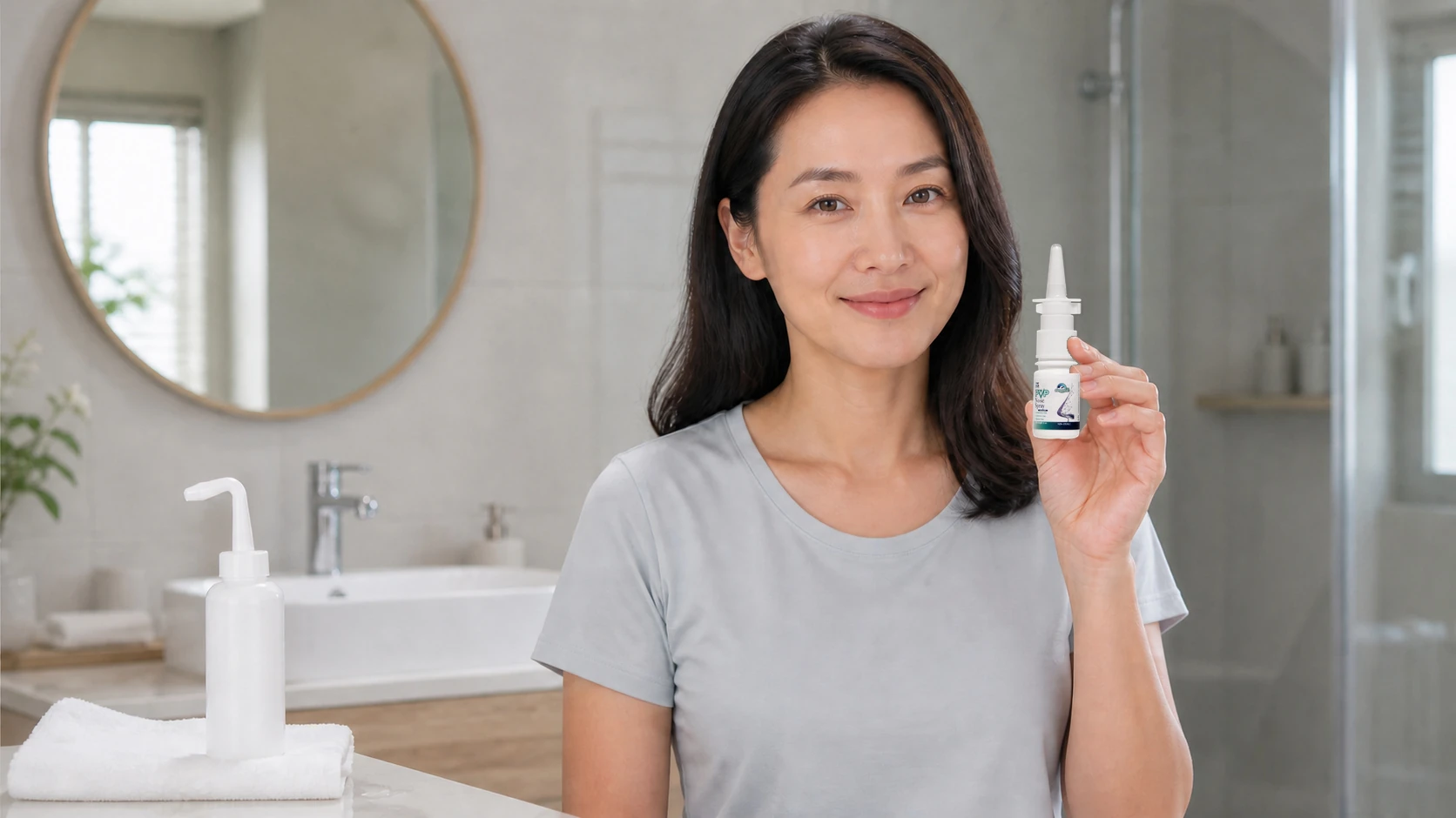 ผู้หญิงหลังล้างจมูกถือขวด PVP Nose Spray จากภาพถ่ายสินค้าจริงในขนาดพอดีมือ โดยมีขวดน้ำเกลือล้างจมูกวางบนผ้าข้าง ๆ