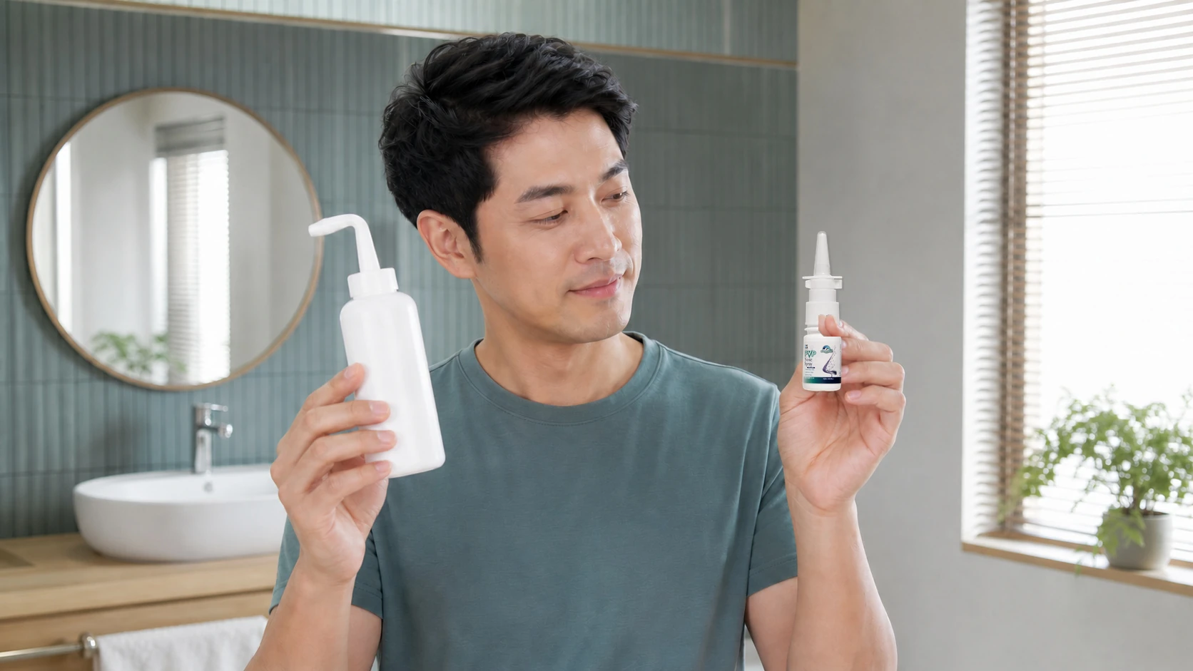 ผู้ชายถือขวดน้ำเกลือล้างจมูกด้วยมือขวา และถือขวด PVP Nose Spray จากภาพถ่ายสินค้าจริงในขนาดพอดีมือด้วยมือซ้าย
